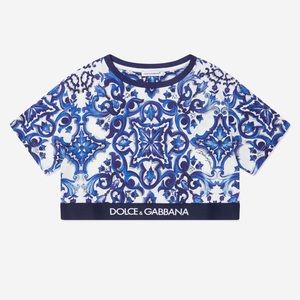 DOLCE & GABBANA Girls Majolica Print Cropped T-Shirt in Blue
